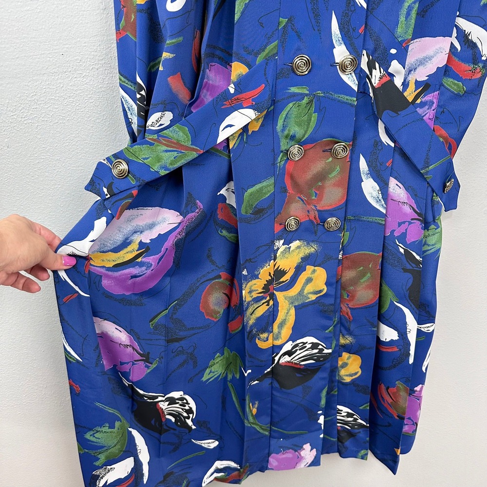 Vintage Midi Dress Women Size M Blue Floral 80s Drop Waist Retro Shoulder Pads - Picture 9 of 11